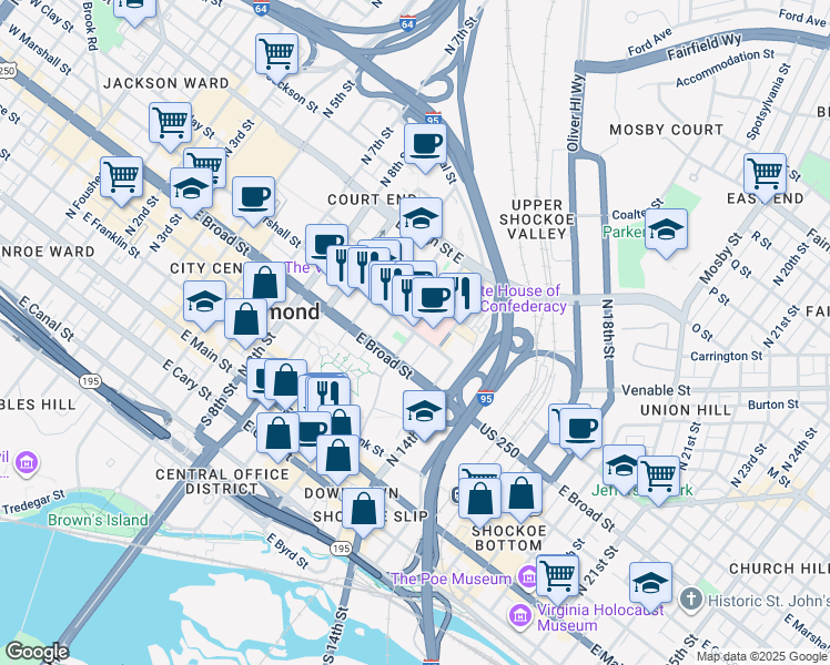 map of restaurants, bars, coffee shops, grocery stores, and more near 1201 East Marshall Street in Richmond
