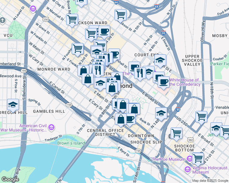 map of restaurants, bars, coffee shops, grocery stores, and more near 700 East Franklin Street in Richmond