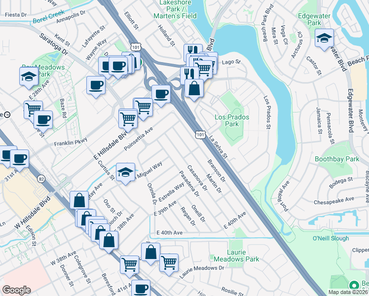 map of restaurants, bars, coffee shops, grocery stores, and more near 3602 Martin Drive in San Mateo