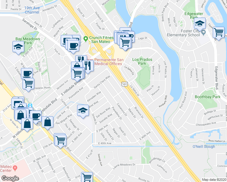 map of restaurants, bars, coffee shops, grocery stores, and more near 3602 Martin Drive in San Mateo
