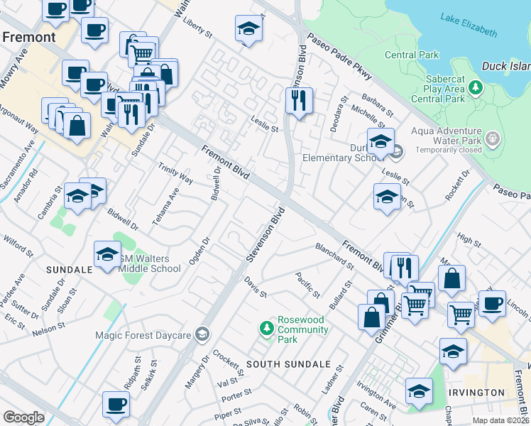 map of restaurants, bars, coffee shops, grocery stores, and more near 39993 Fremont Boulevard in Fremont