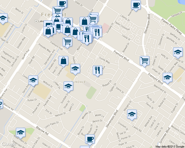 map of restaurants, bars, coffee shops, grocery stores, and more near 2333 Mowry Avenue in Fremont