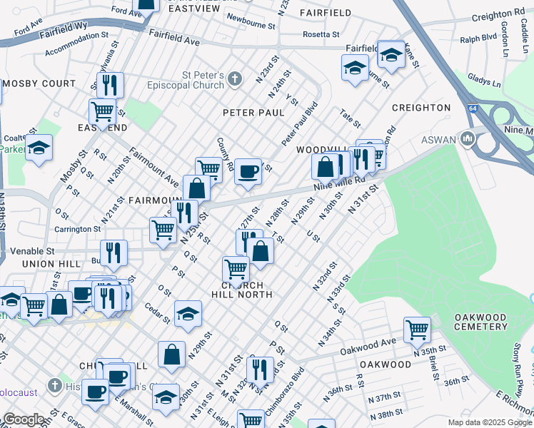 map of restaurants, bars, coffee shops, grocery stores, and more near 1420 North 27th Street in Richmond