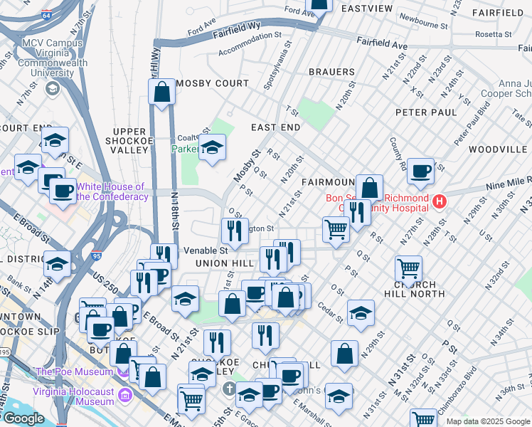 map of restaurants, bars, coffee shops, grocery stores, and more near 914 North 20th Street in Richmond