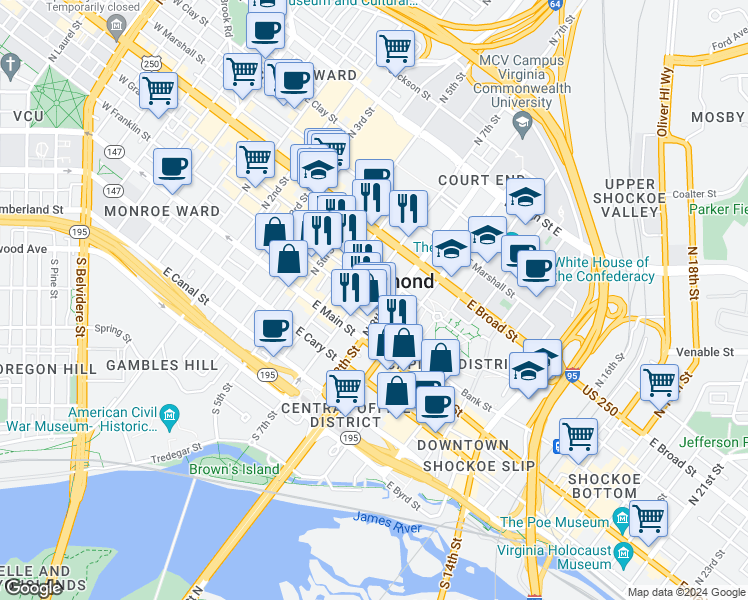 map of restaurants, bars, coffee shops, grocery stores, and more near in Richmond