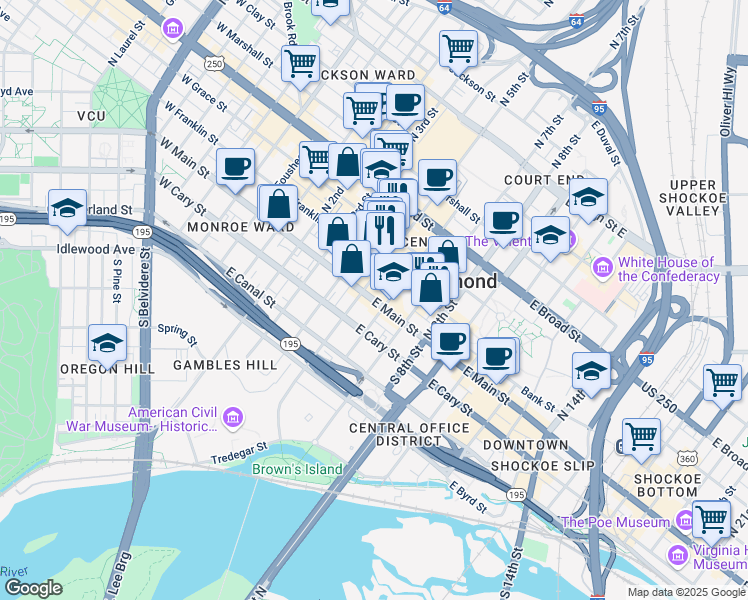 map of restaurants, bars, coffee shops, grocery stores, and more near in Richmond