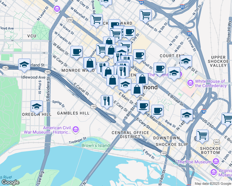 map of restaurants, bars, coffee shops, grocery stores, and more near 409 East Main Street in Richmond