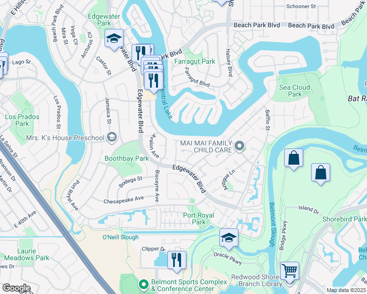 map of restaurants, bars, coffee shops, grocery stores, and more near 538 Trinidad Lane in Foster City