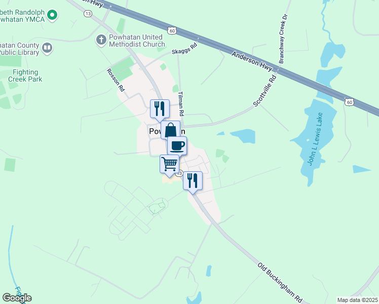 map of restaurants, bars, coffee shops, grocery stores, and more near 3815 Yates Lane in Powhatan