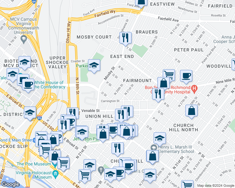 map of restaurants, bars, coffee shops, grocery stores, and more near 925 North 20th Street in Richmond