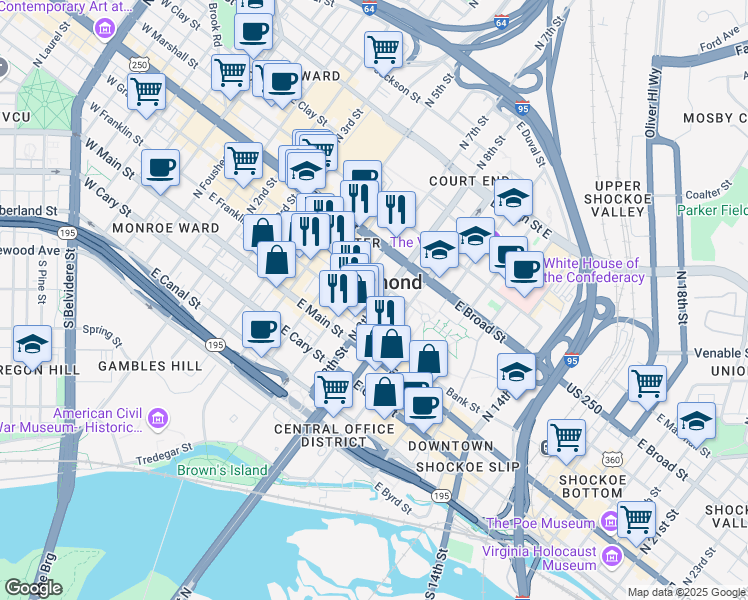 map of restaurants, bars, coffee shops, grocery stores, and more near in Richmond