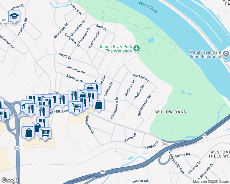map of restaurants, bars, coffee shops, grocery stores, and more near 3032 Windsorview Drive in Richmond