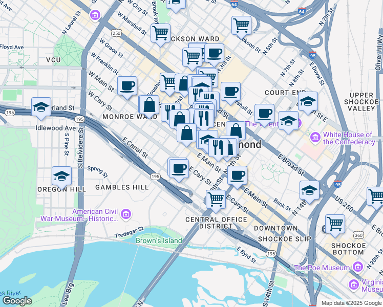 map of restaurants, bars, coffee shops, grocery stores, and more near 409 East Main Street in Richmond