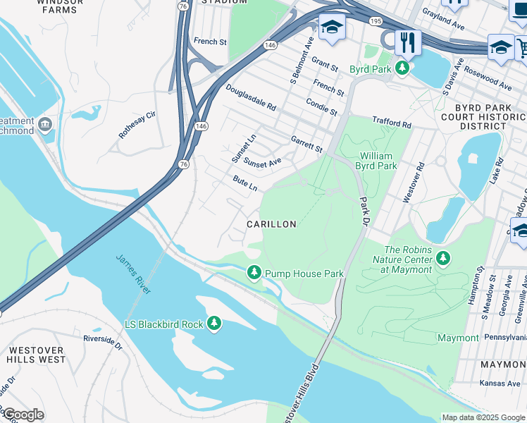 map of restaurants, bars, coffee shops, grocery stores, and more near 1404 Pump House Drive in Richmond