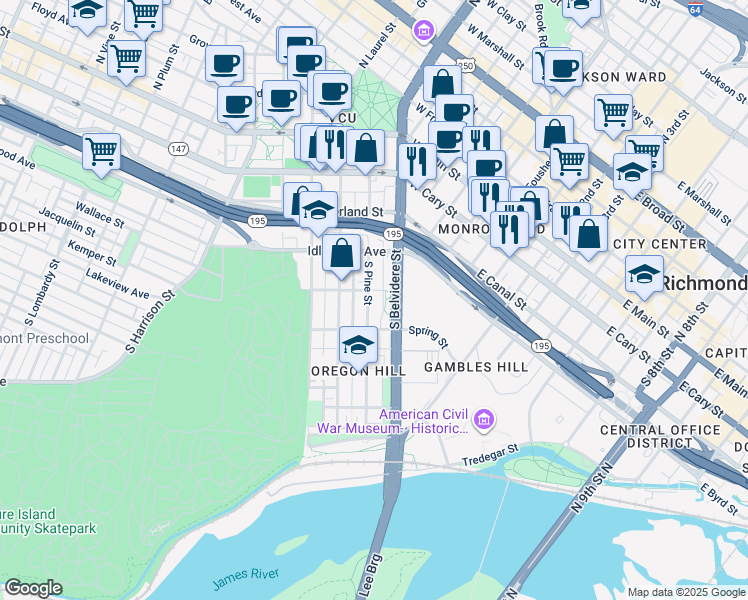 map of restaurants, bars, coffee shops, grocery stores, and more near 407 South Pine Street in Richmond