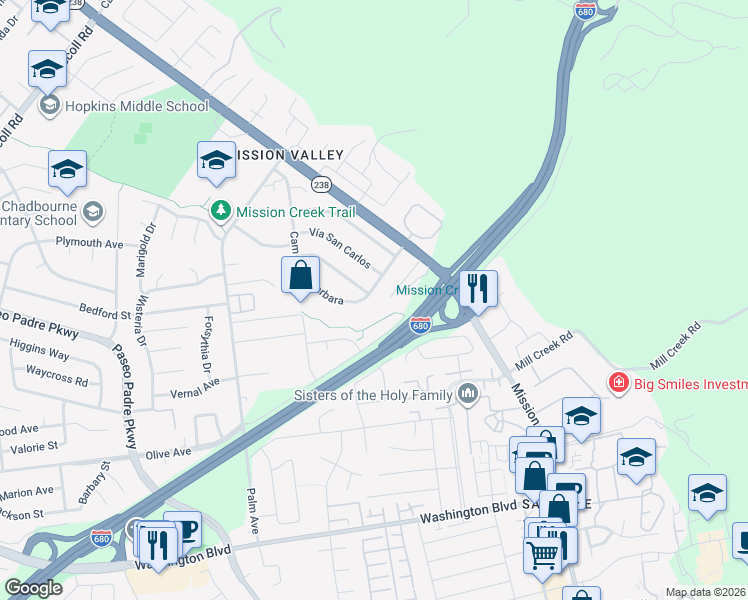 map of restaurants, bars, coffee shops, grocery stores, and more near 42293 Camino Santa Barbara in Fremont
