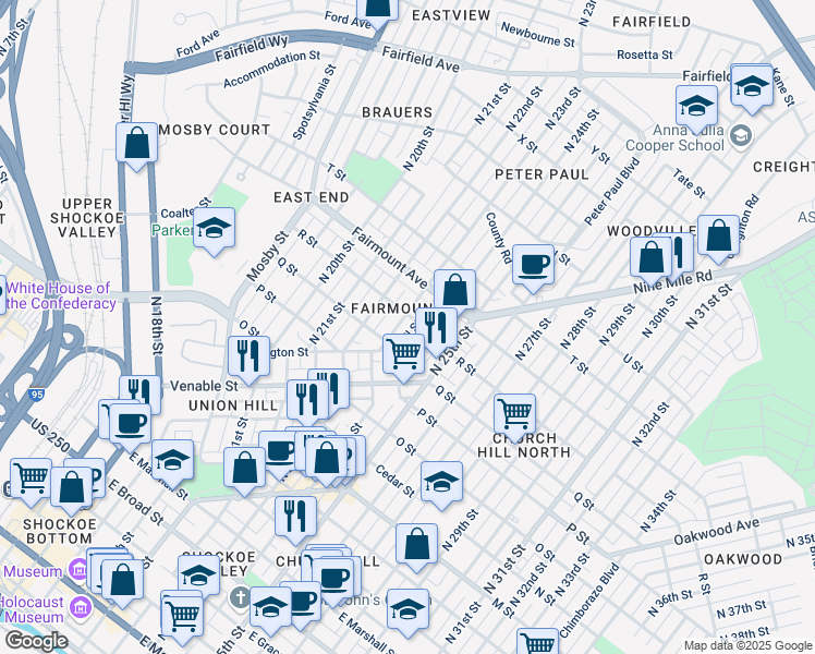 map of restaurants, bars, coffee shops, grocery stores, and more near 1117 North 23rd Street in Richmond