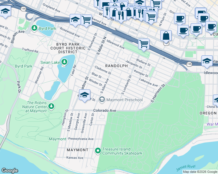 map of restaurants, bars, coffee shops, grocery stores, and more near 1734 Winder Street in Richmond