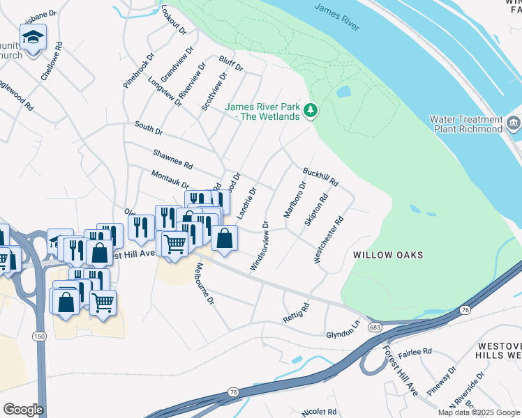 map of restaurants, bars, coffee shops, grocery stores, and more near 3032 Windsorview Drive in Richmond