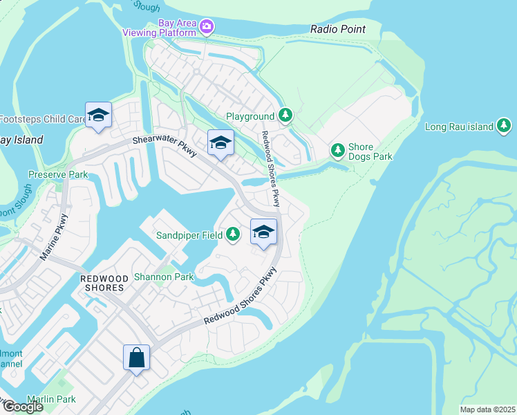 map of restaurants, bars, coffee shops, grocery stores, and more near 595 Shoal Circle in Redwood City