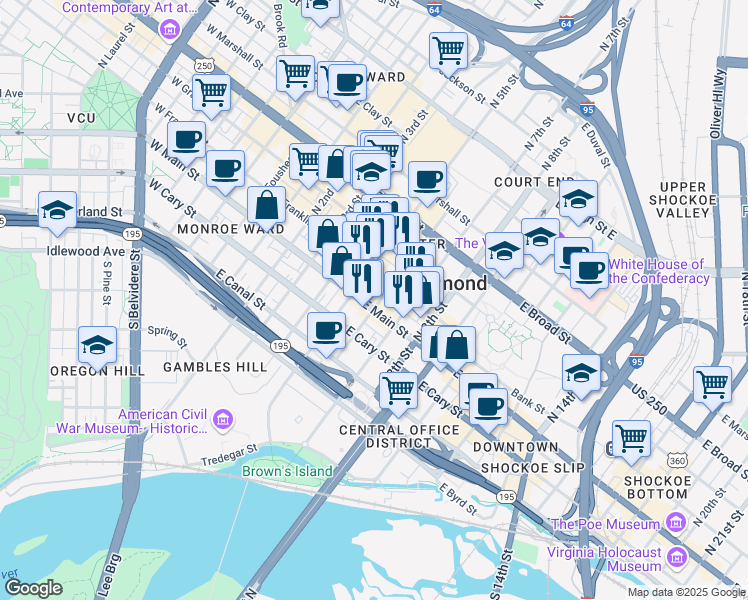 map of restaurants, bars, coffee shops, grocery stores, and more near in Richmond