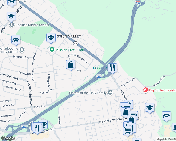 map of restaurants, bars, coffee shops, grocery stores, and more near 42293 Camino Santa Barbara in Fremont