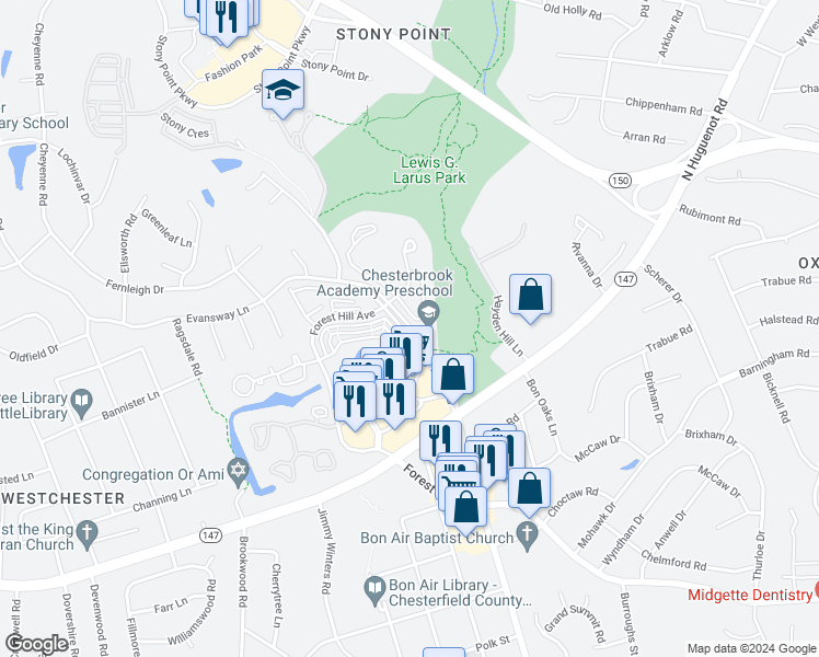 map of restaurants, bars, coffee shops, grocery stores, and more near 3127 Stony Point Road in Richmond
