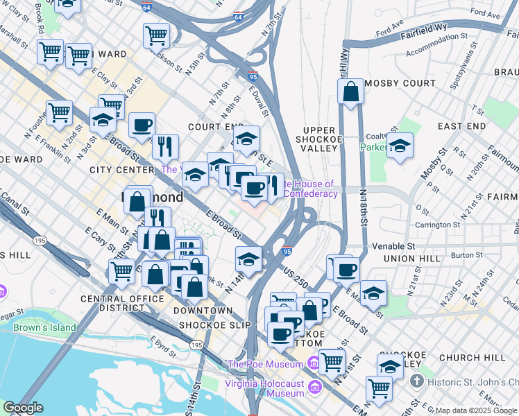 map of restaurants, bars, coffee shops, grocery stores, and more near East Marshall Street in Richmond