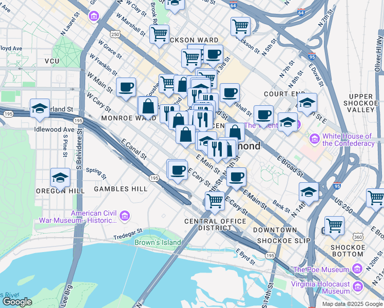 map of restaurants, bars, coffee shops, grocery stores, and more near 409 East Main Street in Richmond