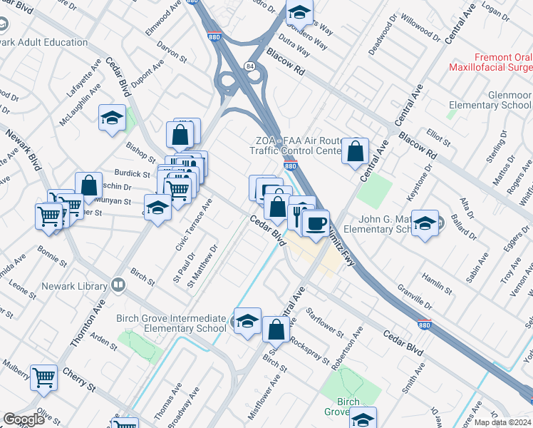 map of restaurants, bars, coffee shops, grocery stores, and more near 37300 Cedar Boulevard in Newark
