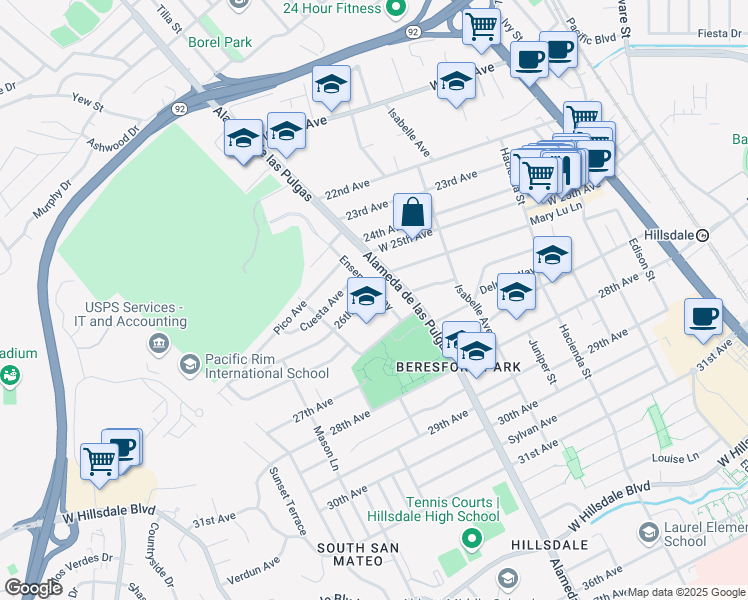 map of restaurants, bars, coffee shops, grocery stores, and more near 2606 Ensenada Way in San Mateo