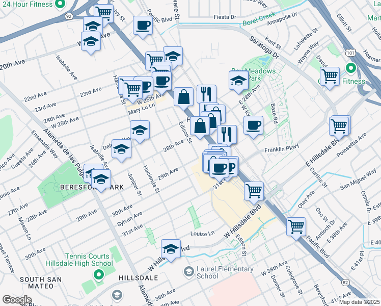 map of restaurants, bars, coffee shops, grocery stores, and more near 60 29th Avenue in San Mateo