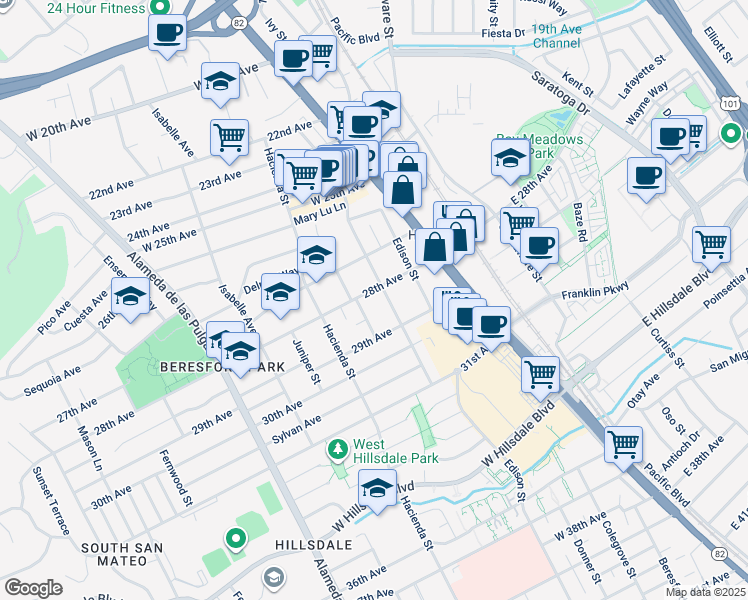 map of restaurants, bars, coffee shops, grocery stores, and more near 112 28th Avenue in San Mateo