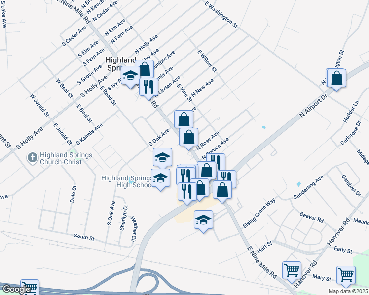 map of restaurants, bars, coffee shops, grocery stores, and more near in Highland Springs