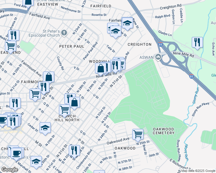 map of restaurants, bars, coffee shops, grocery stores, and more near 1601 North 30th Street in Richmond