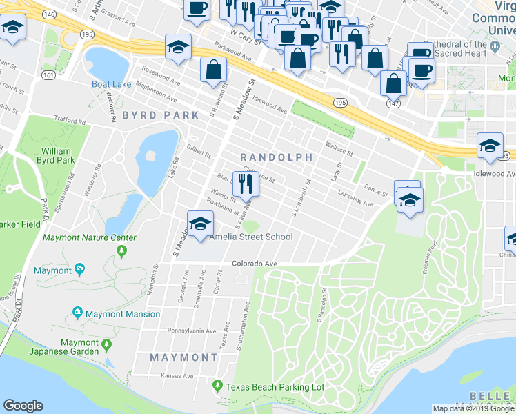 map of restaurants, bars, coffee shops, grocery stores, and more near 1734 Winder Street in Richmond