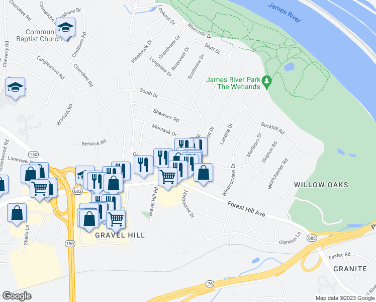 map of restaurants, bars, coffee shops, grocery stores, and more near 2956 Hathaway Road in Richmond