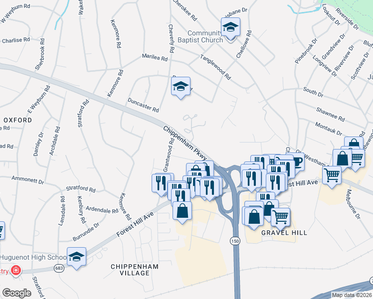 map of restaurants, bars, coffee shops, grocery stores, and more near 3015 1/2 Grantwood Road in Richmond