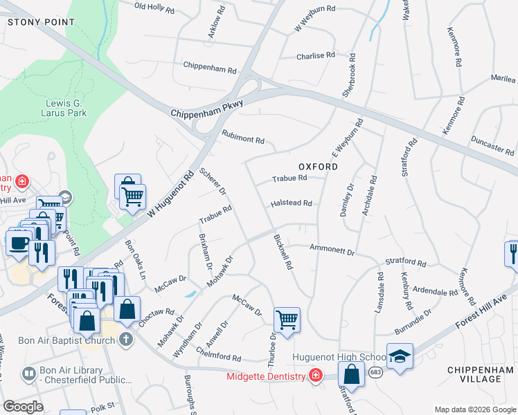 map of restaurants, bars, coffee shops, grocery stores, and more near 3112 Bicknell Road in Richmond