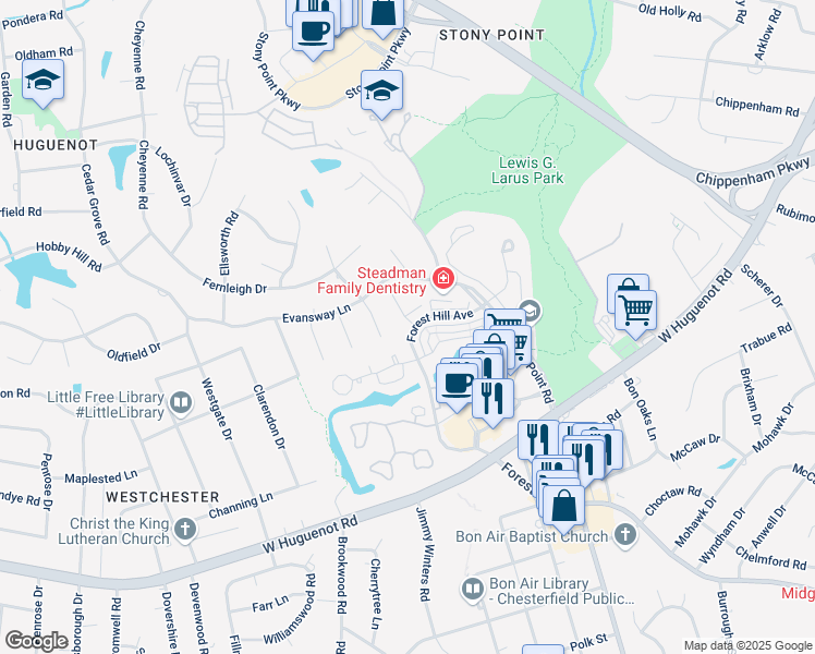 map of restaurants, bars, coffee shops, grocery stores, and more near 9230 Forest Hill Avenue in Richmond