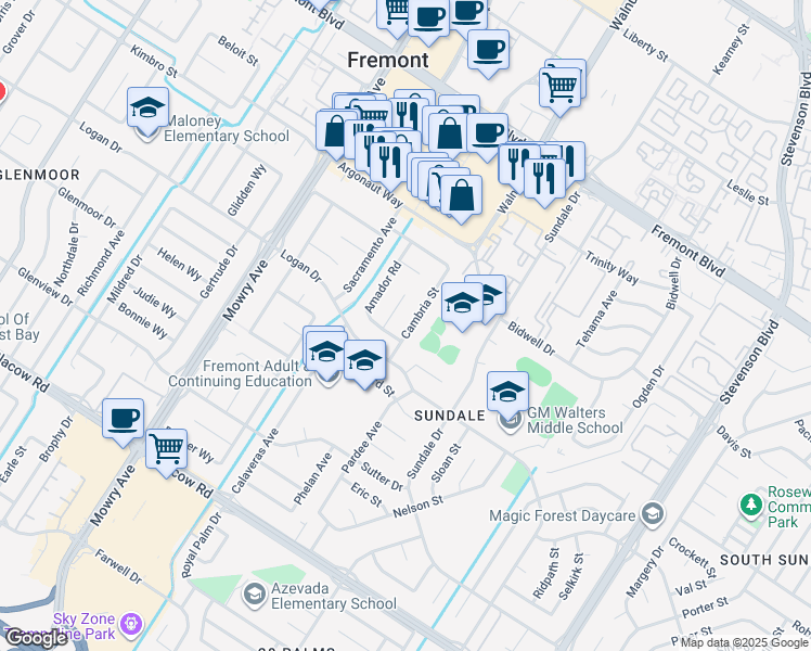 map of restaurants, bars, coffee shops, grocery stores, and more near 4435 Cambria Street in Fremont