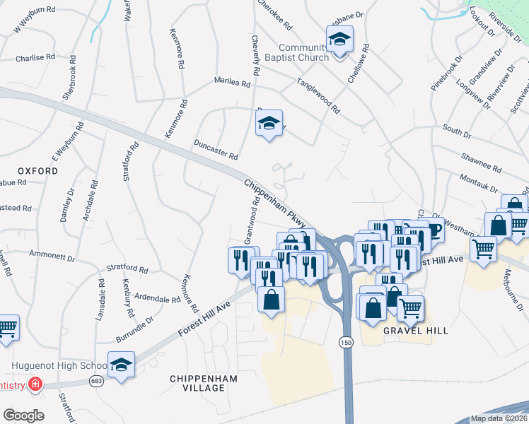 map of restaurants, bars, coffee shops, grocery stores, and more near 3015 1/2 Grantwood Road in Richmond