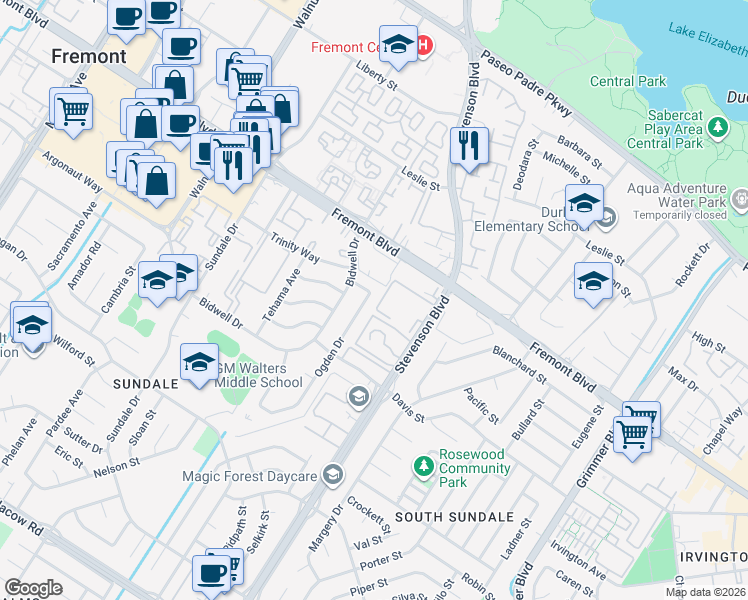 map of restaurants, bars, coffee shops, grocery stores, and more near 4189 Ogden Drive in Fremont
