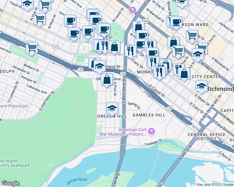 map of restaurants, bars, coffee shops, grocery stores, and more near 405 S Pine St in Richmond