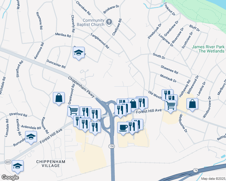map of restaurants, bars, coffee shops, grocery stores, and more near 7281 Berwick Road in Richmond