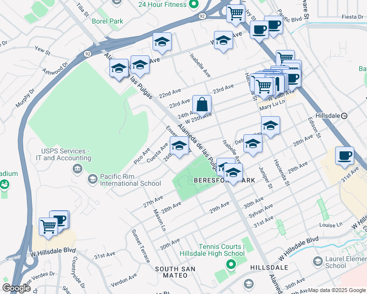 map of restaurants, bars, coffee shops, grocery stores, and more near 2606 Ensenada Way in San Mateo