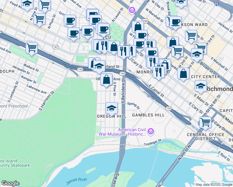 map of restaurants, bars, coffee shops, grocery stores, and more near 405 S Pine St in Richmond