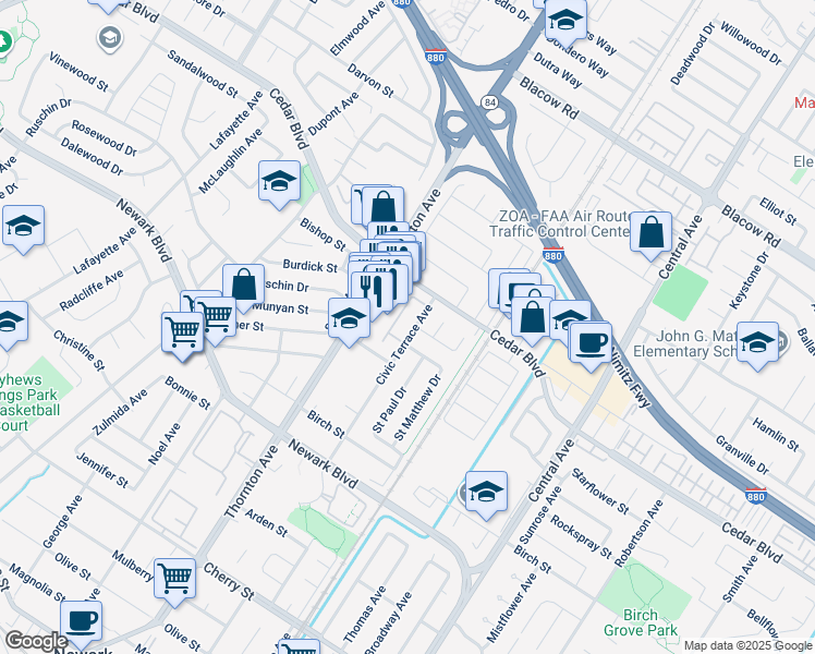 map of restaurants, bars, coffee shops, grocery stores, and more near 5669 Civic Terrace Avenue in Newark