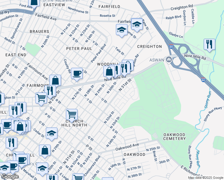 map of restaurants, bars, coffee shops, grocery stores, and more near 1521 North 30th Street in Richmond