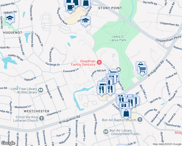 map of restaurants, bars, coffee shops, grocery stores, and more near 9230 Forest Hill Avenue in Richmond